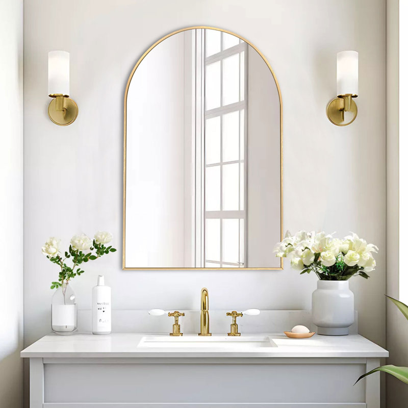 Bathroom vanity 36 x 24 inch metal arched wall mirror, Gold