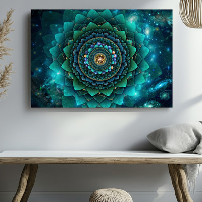 Toile, une scène cosmique envoûtante avec un mandala au design complexe et vibrant, au centre, rayonnant de nuances profondes, art mural
