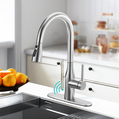 Touchless Pull Down Single Handle Kitchen Faucet with 3-Function Spray Head, 360° Swivel Spout and Deck Plate, SUS 304 Stainless Steel