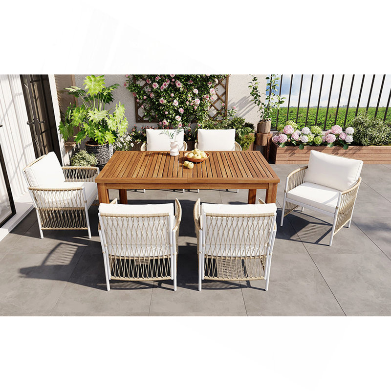 Ensemble de salle à manger d'extérieur 7 pièces en bois, table rectangulaire de 170 cm de long avec 6 chaises en rotin pour piscine, jardin, terrasse, style naturel