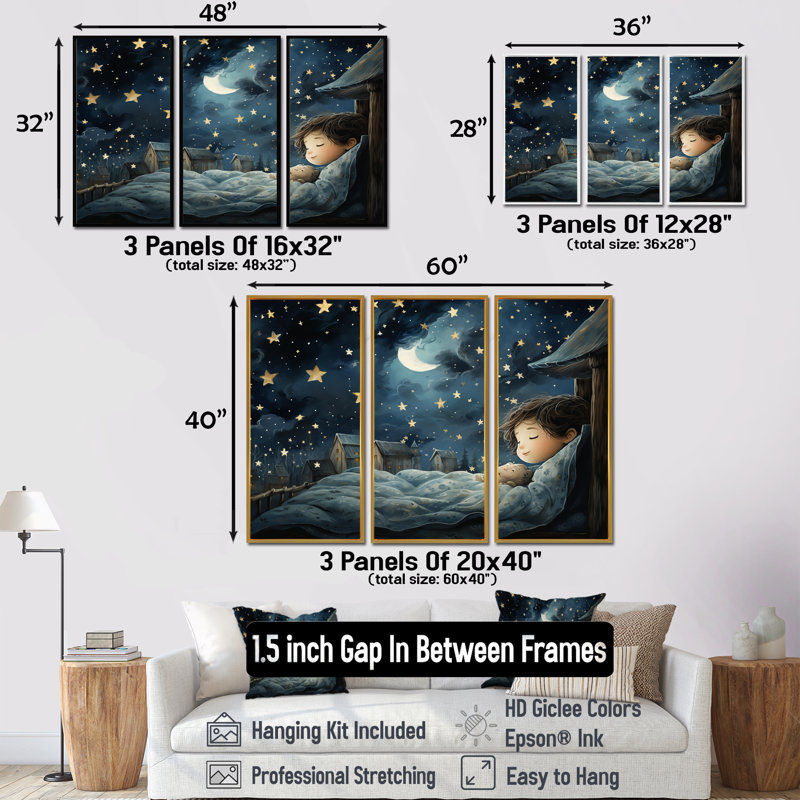 Blue Childness Haven Nursery II - art mural de chambre de bébé, H 28 po x l 36 po, Cadre flottant blanc