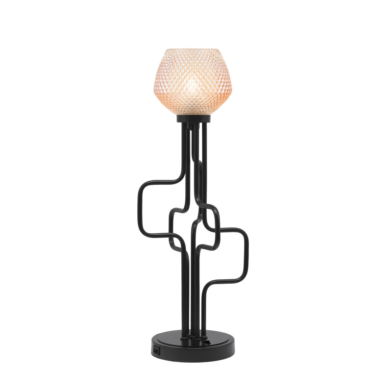 Lampe d'appoint avec ports USB Tierney, fini noir mat et verre texturé ambre de 6 po