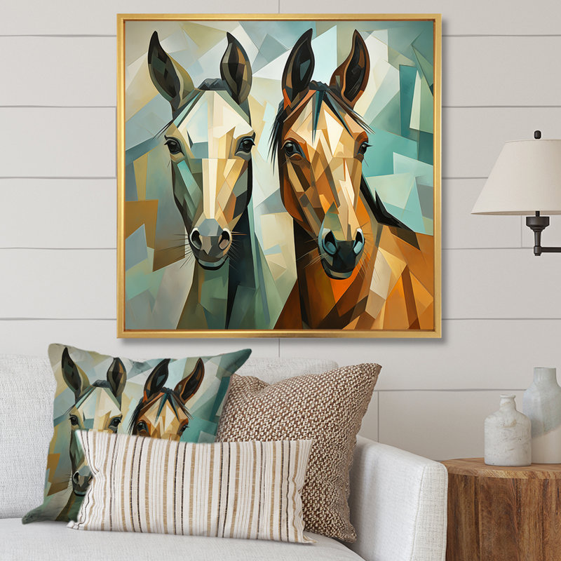 Couple cubique de chevaux verts et bruns - Art mural cheval, Cadre flottant doré, H 30 po x l 30 po x P 1,5 po