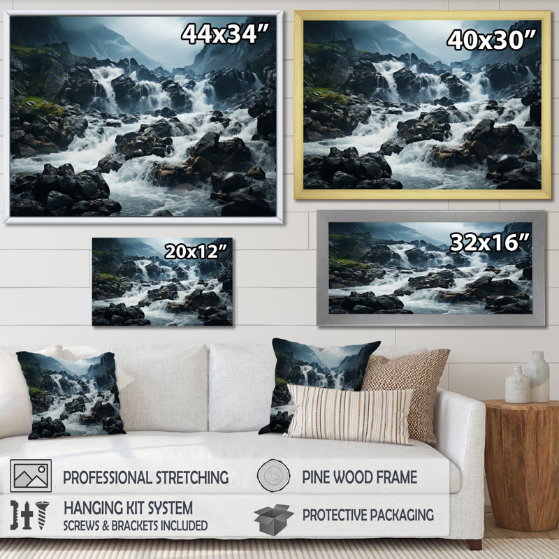 Waterfall Eernal Cascade V, reproduction d'art sur toile, Cadre flottant noir, H 34 po x l 44 po x P 1,5 po