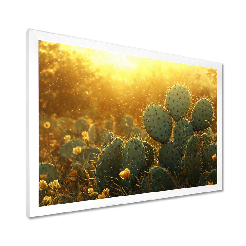 Marisca cactus dans la lumière dorée I - art mural cactus, H 30 po x l 40 po, Cadre simple, Blanc