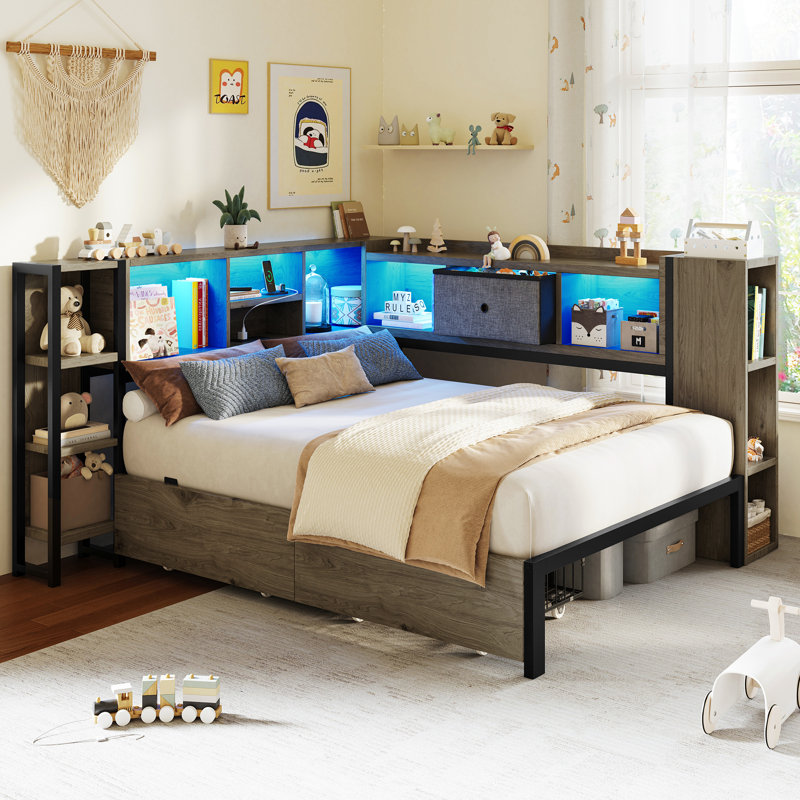 Twin Size Corner Bed Frame With Storage Drawers & Bookcase, Daybed With Charging Station & Led Lights, Gray, Twin