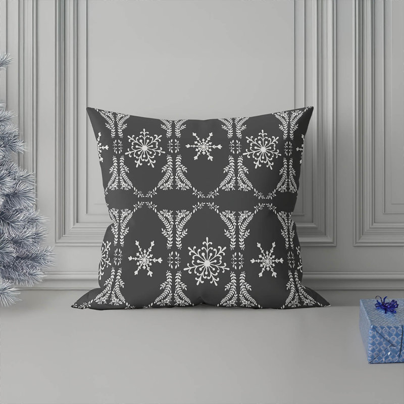 Coussin décoratif d'intérieur à motif de flocons de neige, Argent / gris anthracite, Carré 16 po