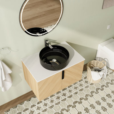 Meuble-lavabo flottant mural 30 po avec dessus en pierre reconstituée et portes à fermeture en douceur