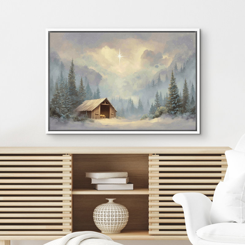 «Snowy Barn Starry Night», chambre à coucher religieuse, décoration murale, chalet d'hiver, H 16 po x l 24 po, Blanc