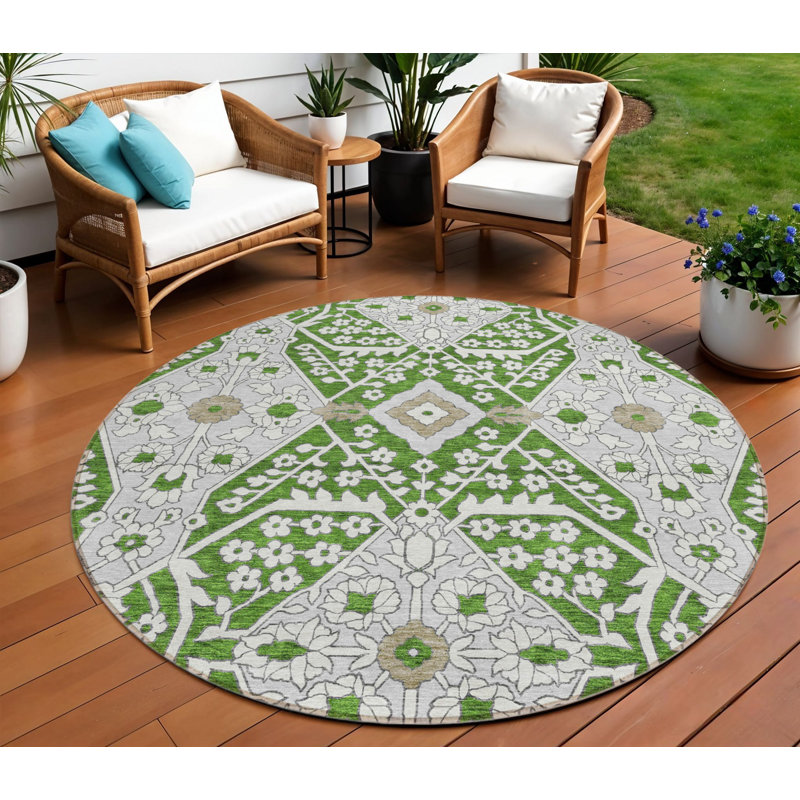 Tapis d'intérieur rond lavable floral 8 pi vert gris et taupe