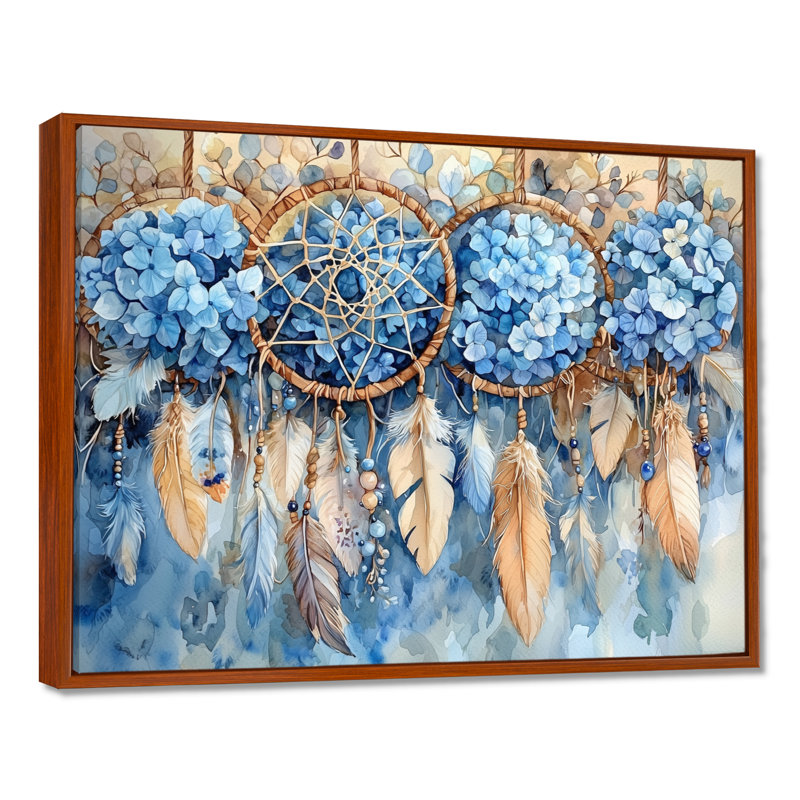 Décoration murale longue hortensias et Dreamcatchers - hydrangées, H 34 po x l 44 po, Floater Framed, Brun