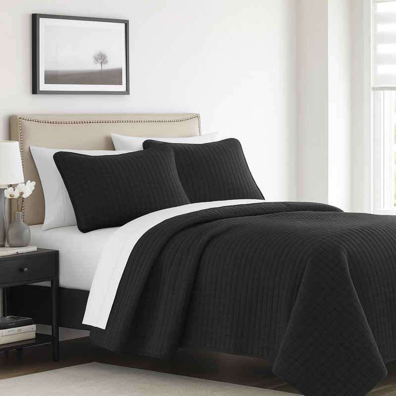 Solid Color 3-Piece Quilt Set with Cotton Blend Shell & 100% Cotton Fill – Lightweight, Soft, All Season Bedding, Black