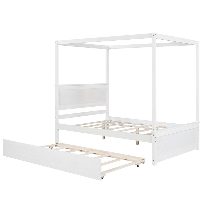 Wood Canopy Bed With Trundle Bed, White