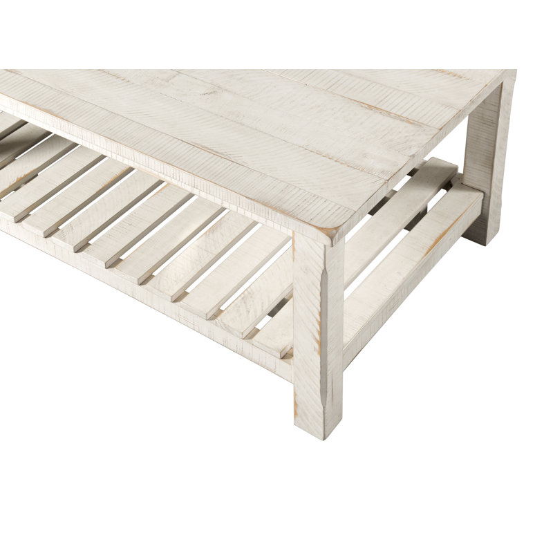 Table basse en bois massif avec rangement Racheli, Blanc antique