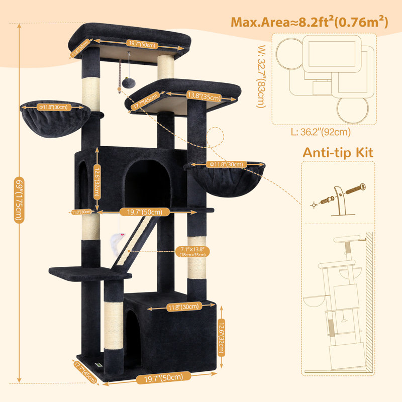 69 inch cat tree, suitable for 4 or more medium cats, indoor cat tower with 2 condos and 2 baskets, equipped with sisal scratching posts, soft plush fabric for climbing and resting, easy to assemble.