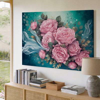 Reproduction d'art sur toile, "Un arrangement luxuriant de roses roses douces et de leurs pétales délicats"