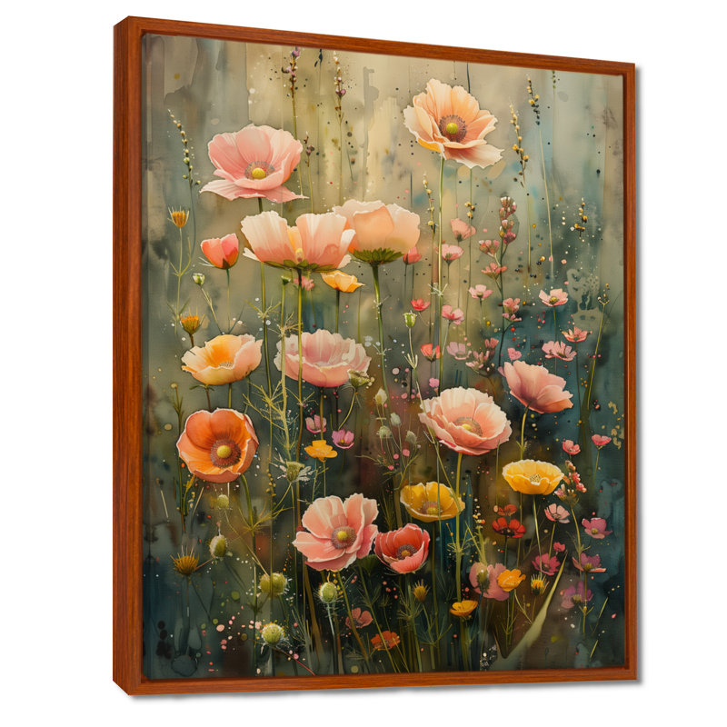 Rose, rose, boutons d'or, merveilles - Buttercups, art mural, salon, Toile avec cadre flottant brun