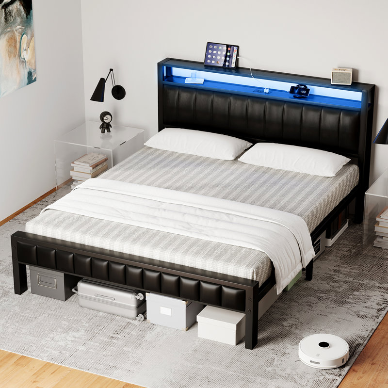 Tryston Bed with 2-Tier Storage Headboard & LED Light, Queen, Black