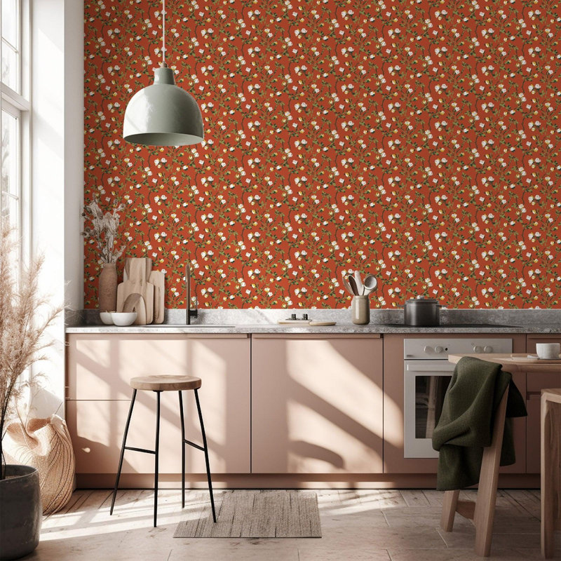 Lady Charlotte Rose Thorns 10' L x 24" W Peel and Stick Wallpaper Tile, Vermilliom, Non-pasted, Faux Grasscloth