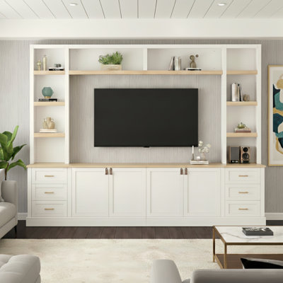 102" Wide Farmhouse Entertainment Center with Bookshelves,4-Piece Wall Unit for 75" TVs, High-End Wood Texture Media Console with 6 Drawers