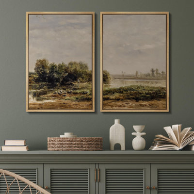 Rustic Countryside " Lush Riverside Meadows Vintage Style Nature Landscape Pictures Vintage Art Rustic Living Room Decor " 2 - Pieces