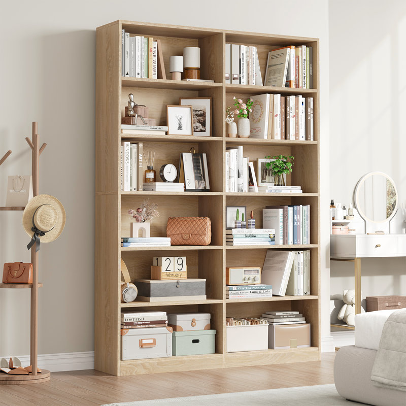 Geng 74.3"H X 47.2"W Wood Double 6-Tier Standard Bookcase, Oak Gray, (6 Shelves) 74.3"H x 47.2"W x 11.8"D