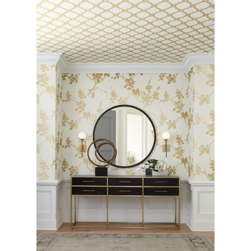 Rouleau de papier peint adhésif vaporisateur L 27 pi x l 27 po Imperial Blossoms Branch, Doré métallique / blanc