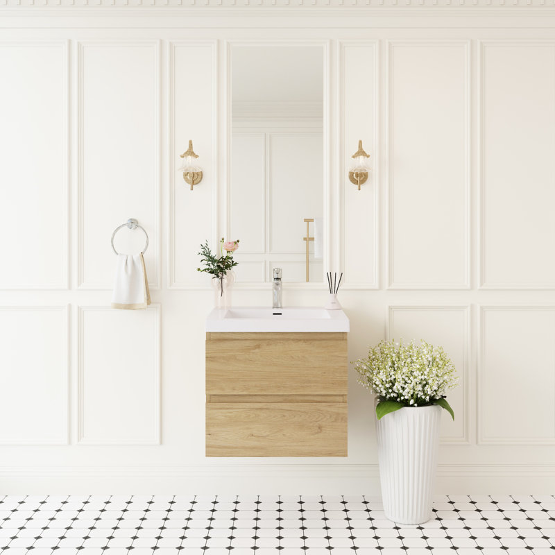 Meuble-lavabo suspendu de 61 cm avec lavabo, solution de rangement murale, lavabo en surface solide, tiroirs à fermeture amortie, entièrement assemblé, en chêne naturel, fini résine effet eau, design moderne, style chêne clair.