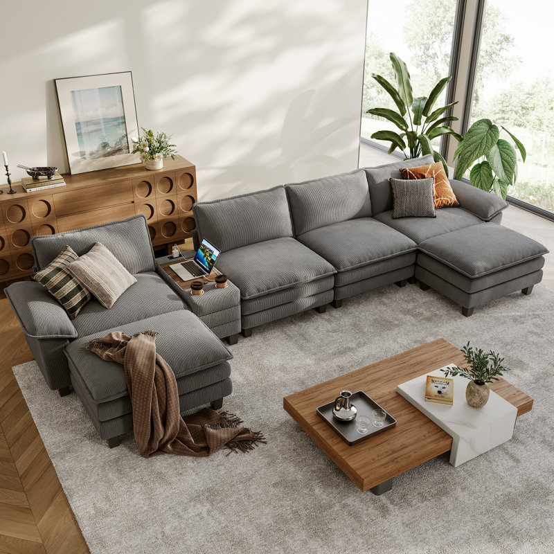 Colbey 172" Oversized Corduroy Cloud U-Shaped Sectional Sofa With Storage End Table, Gray Corduroy