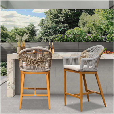 Ensemble de 2 tabourets de bar avec accoudoirs et dossier, chaises de bar à hauteur de comptoir d'extérieur avec coussin, tabourets de bar hauts en aluminium avec corde en textilène moderne, tabourets de bar pour le jardin, la piscine, le patio et la cuisine