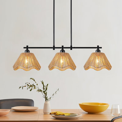 3-Light 35 in Farmhouse Rustic Kitchen Island Pendant Light, Natural Hand-Woven Rattan Hemp Shade, Modern Linear Chandelier