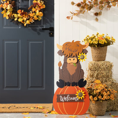 30"H Fall Wood Highland Cow Porch Decor