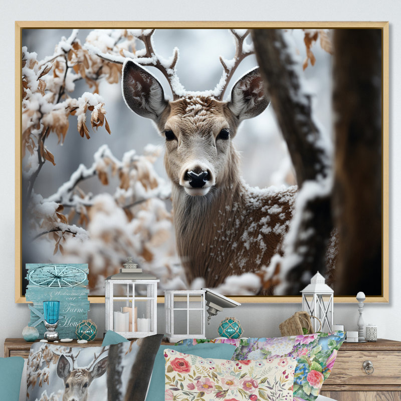 Winter Deer Monochrome Photography I - Animals Wall Art Prints, H 34 po x l 44 po x P 1,5 po, Cadre naturel flottant