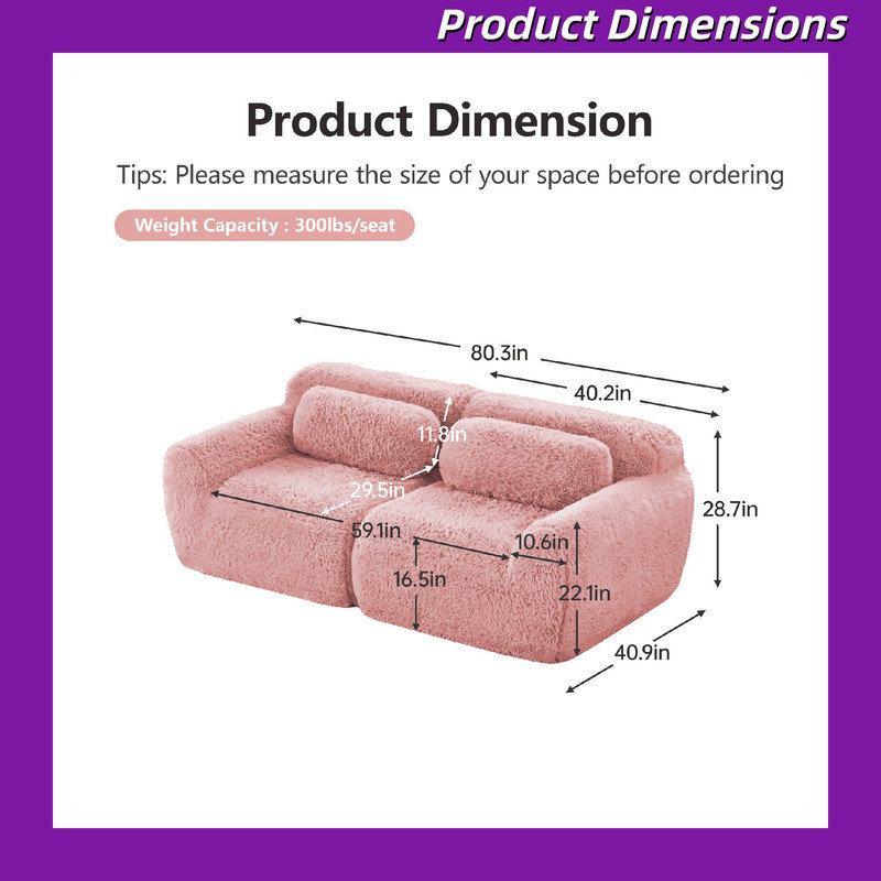 Canapé modulaire 2 places avec tissu moelleux, base antidérapante et éponge 32D, 28.74" H x 40.16" W x 40.94" D, Pink, 2