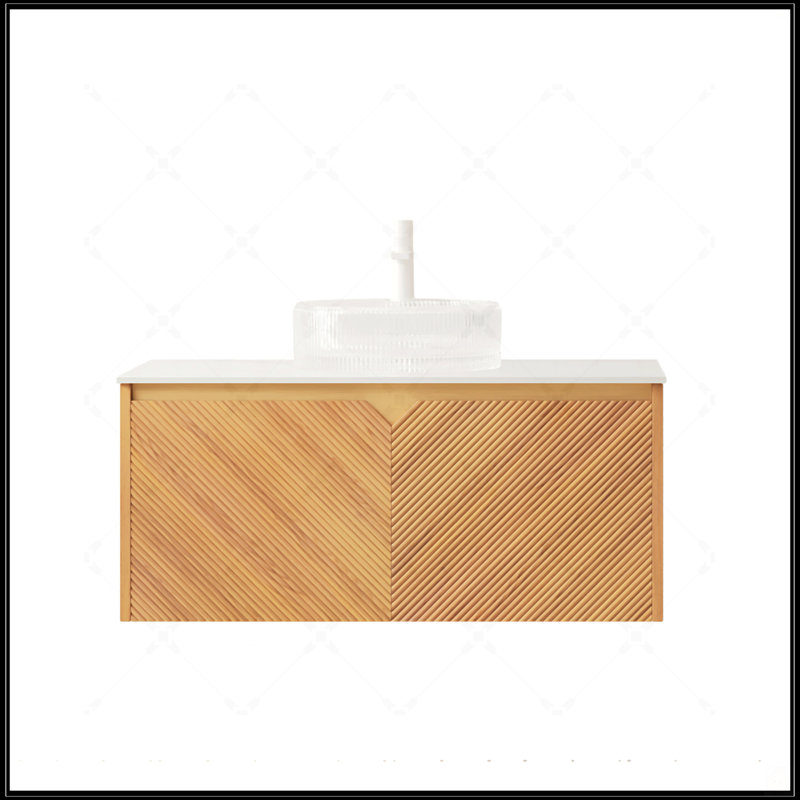Meuble-lavabo de 36 po avec rangement flottant, lavabo en verre transparent et plateau en pierre frittée Carrara, finition chêne brun
