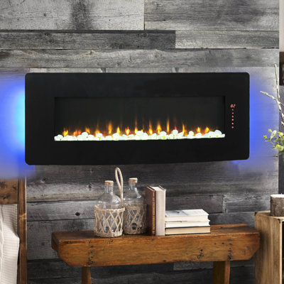 Foyer électrique incurvé noir antique - chaleur 1400W, 5000 / H, 4 couleurs de lit Ember, fixation murale, affichage numérique transparent avec minuterie de flamme avant / H, verre trempé et tôle
