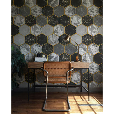 Black Grey Marble Hexagon Gold Line Wallpaper