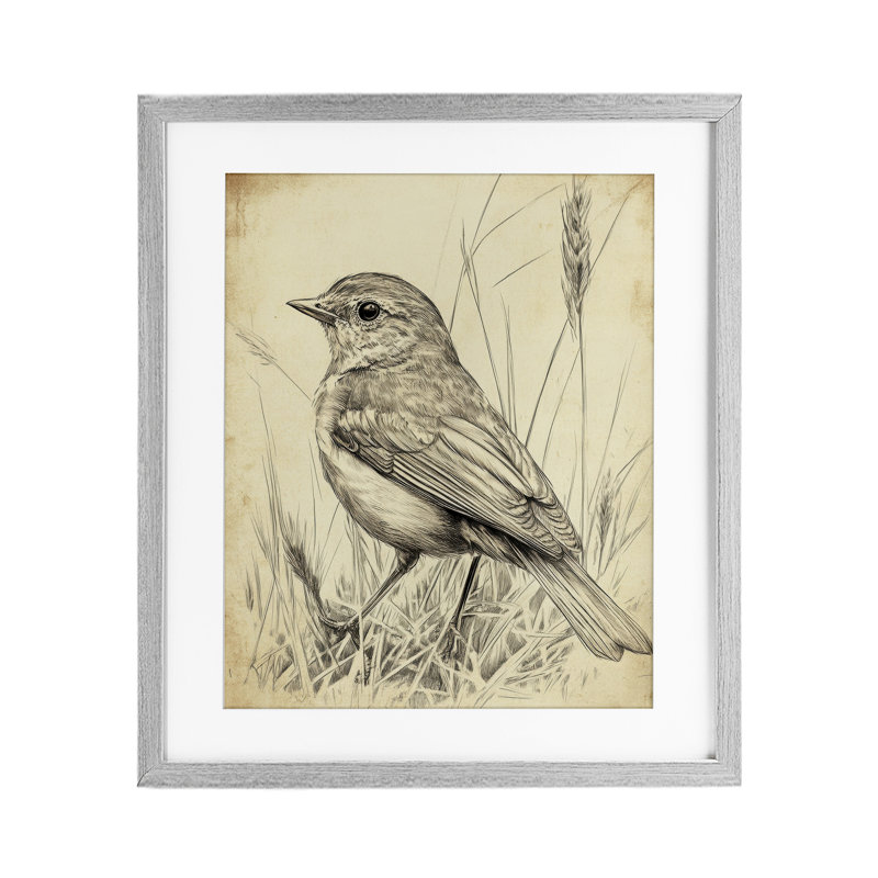 Petit oiseau rétro, reproduction sous verre encadrée, design par Petal Prints Design, H 21 po x l 17 po, Cadre de ferme gris