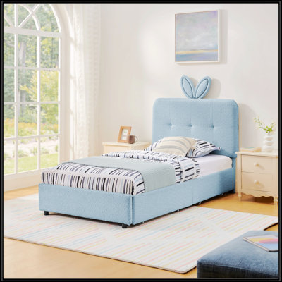 Twin Size Kids Upholstered Bed With Oversized Rabbit Ear Headboard, LED Light & 4 Storage Drawers, Boucle Fabric