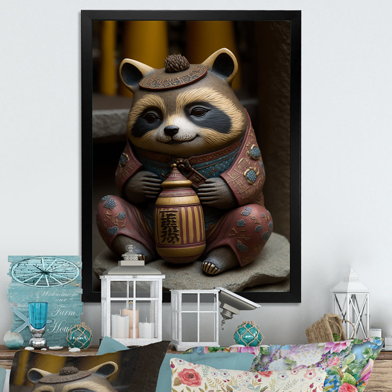 «Happy Happy» en terre cuite - imprimé raton laveur brun, H 32 po x l 16 po x P 1 po, Impression noire sur toile encadrée
