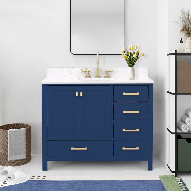 42-inch Bathroom Vanity With Engineered Stone Top, Blue, Brushed Gold