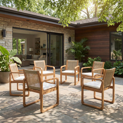 Chaises de salle à manger d'extérieur en bois d'acacia de style japonais Scandicavian avec dossier en corde tissée et coussins hydrofuges
