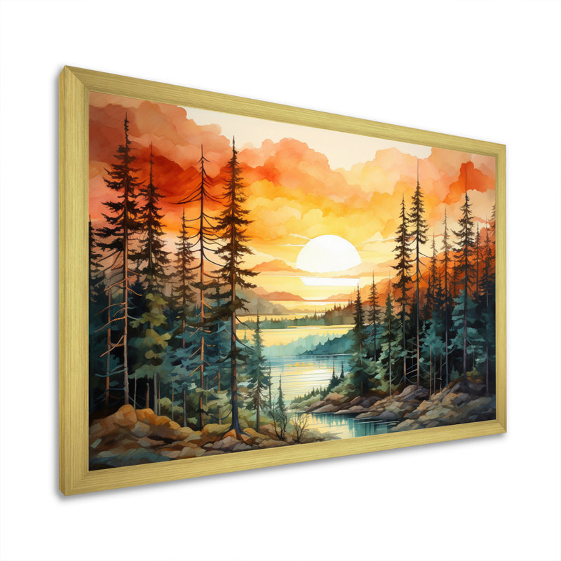 Pin, coucher de soleil brillant II - Pin, art mural, Cadre doré simple, H 16 po x l 32 po x P 1 po