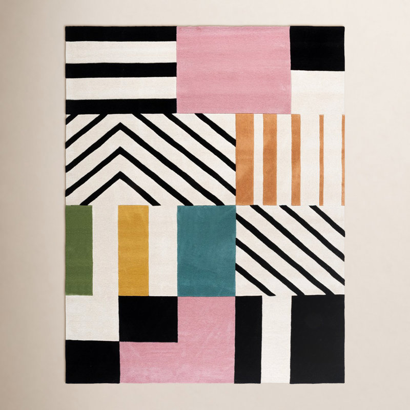 Tapis ivoire / noir / rose en laine fait à la main Tripoli, Rectangle 9 pi x 12 pi