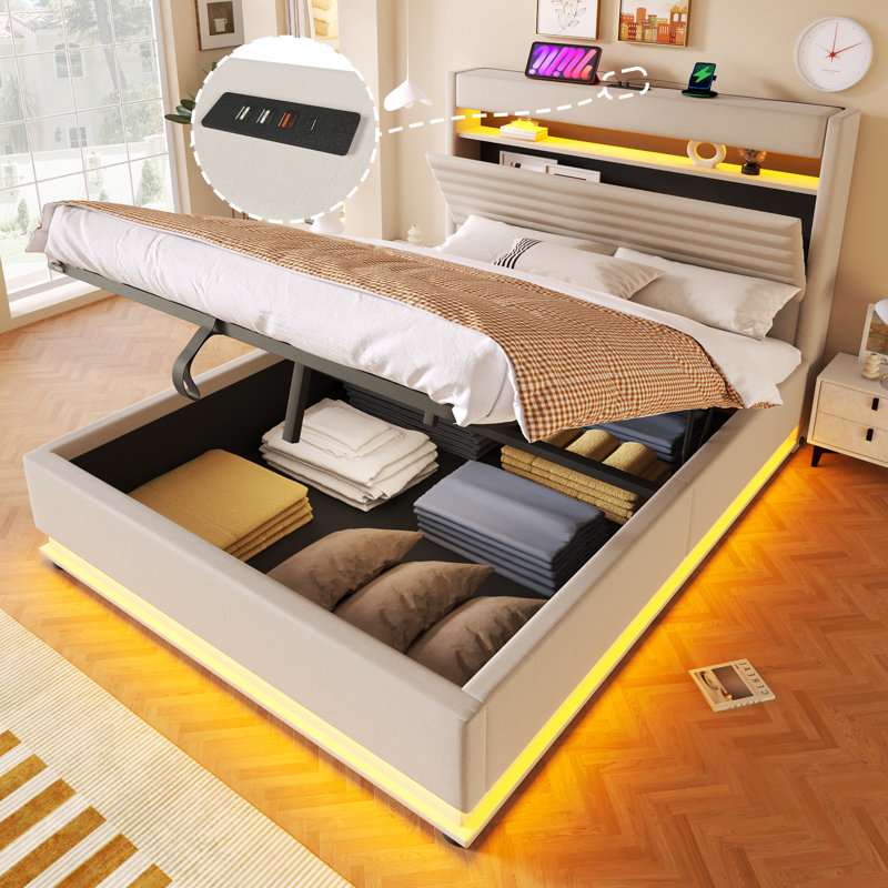Lift Up Storage Bed Frame, 140x200 cm, Beige
