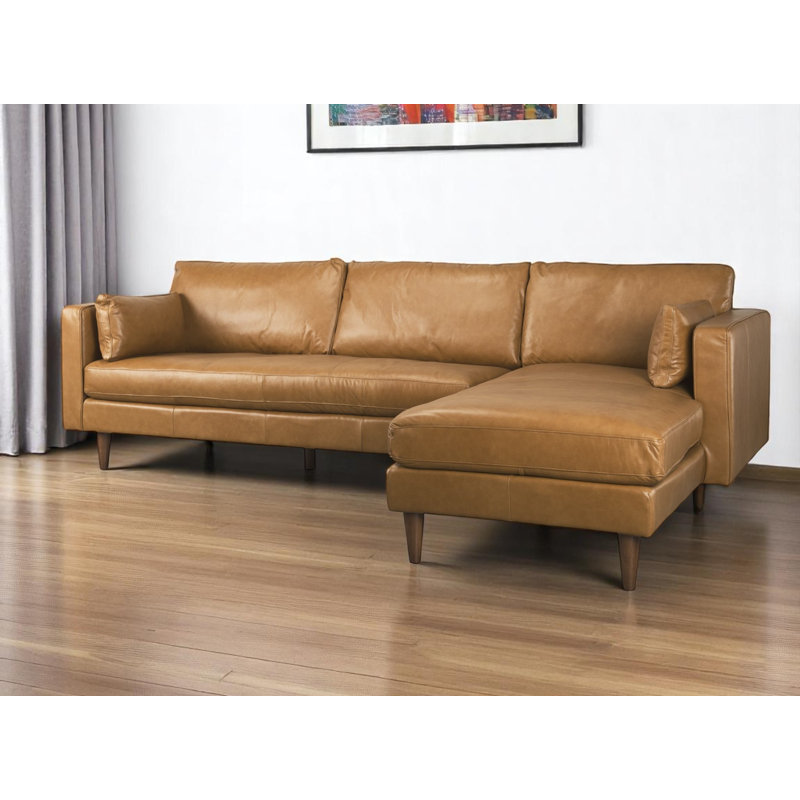Canapé modulaire en L en cuir véritable brun clair avec méridienne et coussins décoratifs