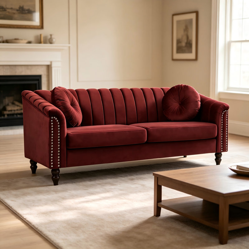 Canapé Chesterfield en velours de 190 cm de large, capitonné et orné de clous décoratifs., Red