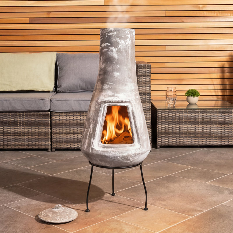 Hourglass Clay Wood Burning Smokeless Chimnea, Grey, 87cm H x 32cm W x 32cm D