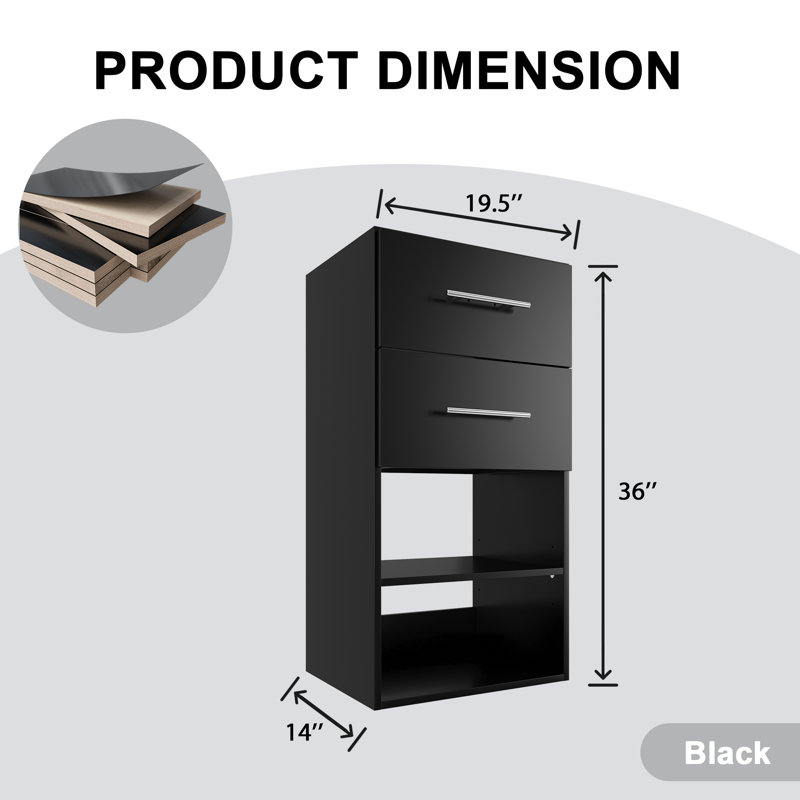 Système d'organisation à 2 tiroirs, Noir, noir, noir, noir, H 36 po x l 19,5 po x P 14 po