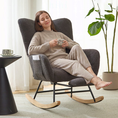 Ensemble fauteuil à bascule à oreilles en tissu Teddy et repose-pieds, fauteuil d'allaitement avec rangement latéral, glissement en douceur, base en bois massif, accessoire confortable pour le salon